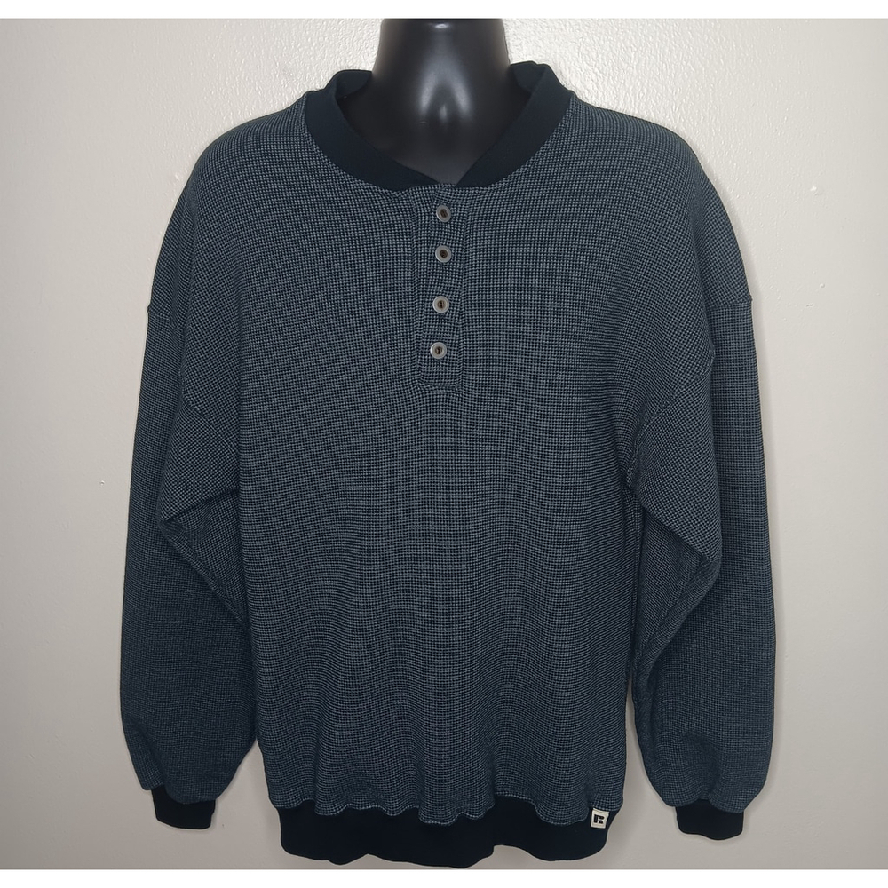 VTG 90s Russell Athletic Men's Medium Henley Sweatshirt Gray Waffle Knit USA EUC